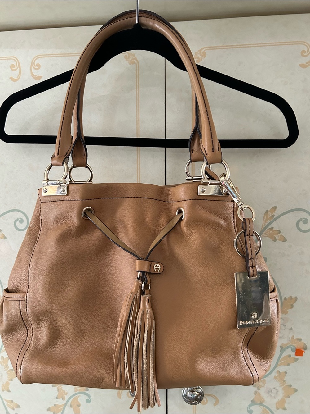 Etienne Aigner Cognac Leather Shoulder Bag with Tassel Charm